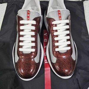 Prada Men's America's Cup Patent Leather Glitter Sneakers in Red